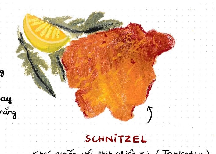 Illustration of a schnitzel served with a lemon wedge and herbs, presented in an artful and stylized manner on a white background.