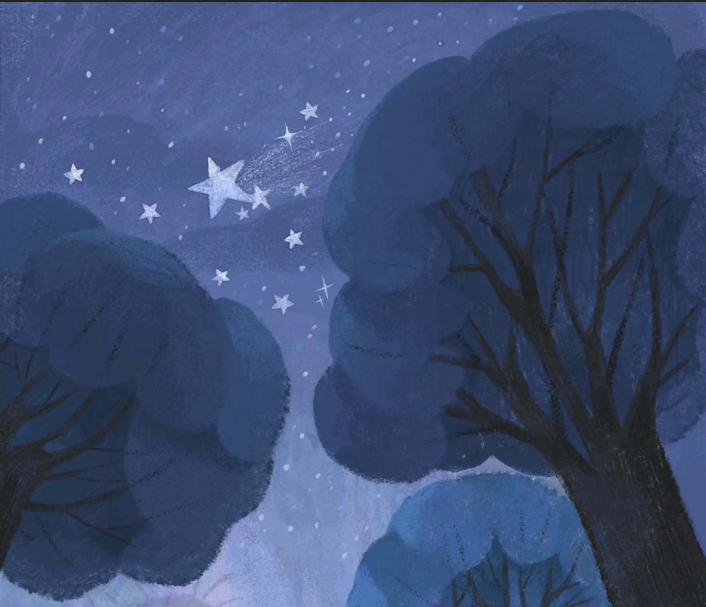 Illustration of trees silhouetted against a dark blue night sky with a shooting star and several stars creating a celestial scene.