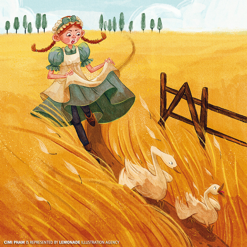 Illustration of a young girl running through a field of wheat, pursued by geese near a wooden fence and tall trees under a cloudy sky.