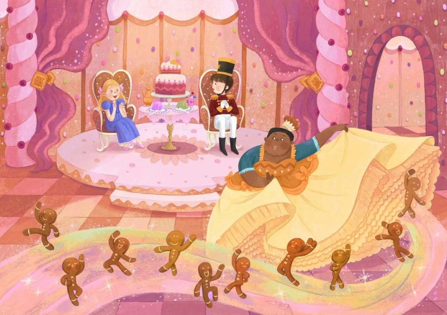 Illustration of a fanciful scene with gingerbread men dancing before a large woman in a yellow dress, with other characters in the background.