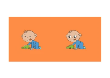 Two identical illustrations of a baby in blue pajamas playing with a green toy dinosaur on an orange background by Cimi Pham.