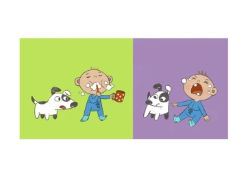 Digital illustration by Cimi Pham showing a baby brushing teeth on a green background and crying on a purple background with a dog.