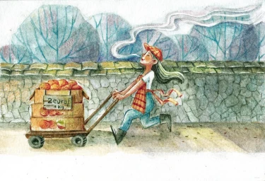 Illustration of a woman pushing a wooden cart loaded with apples along a stone wall by Cimi Pham
