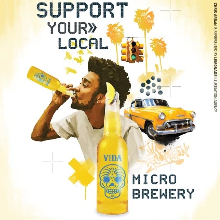 Illustration of a man drinking a beer, with a vintage car, palm trees, and text promoting local microbreweries and Vida beer.