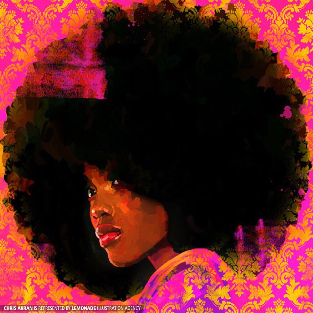 Illustration of a stylish adult woman with a large afro on a pink damask background, rendered with vibrant colors and painterly textures.
