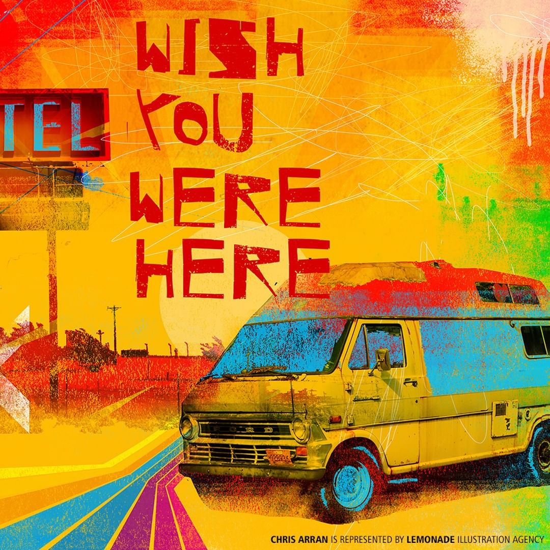 Retro illustration of a vintage yellow camper van parked near a motel sign under a vibrant yellow and orange sky, evoking a sense of travel.