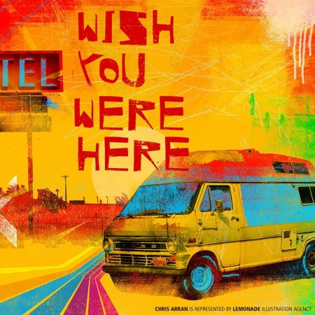 Retro illustration of a vintage yellow camper van parked near a motel sign under a vibrant yellow and orange sky, evoking a sense of travel.