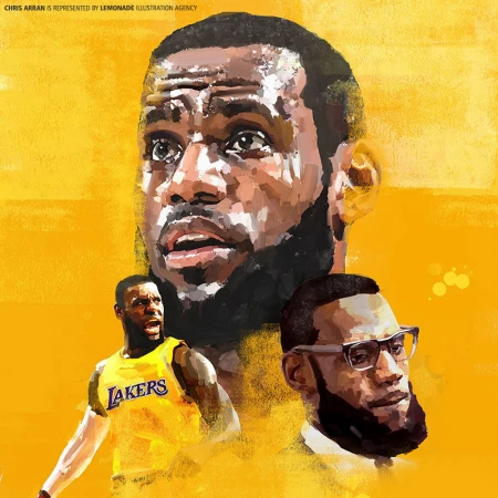 Illustration of LeBron James in Lakers uniform, with close-up portrait and bespectacled profile against a golden yellow backdrop.