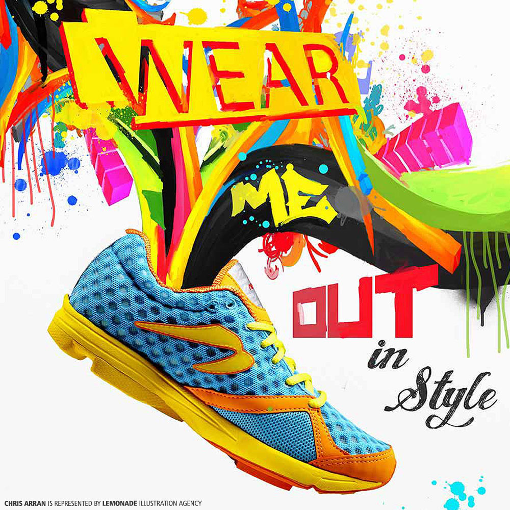 A blue and yellow athletic shoe sits on a white background with colorful abstract graphics. The shoe has yellow laces and yellow soles.