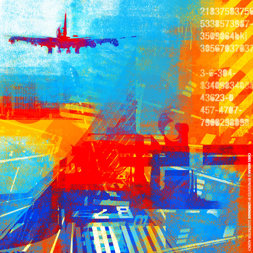 Graphic art composition with a silhouetted airplane flying above a runway and cityscape. Layered with bold colors and digital numeric elements.