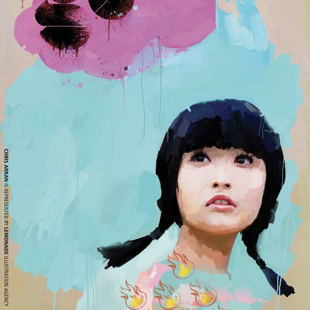 Illustration of a young woman with black hair in braids, looking upwards against a colorful background with a cloud-like shape.