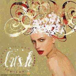 Digital illustration portrait of a woman with white floral headdress and red lipstick, featuring the word lush.