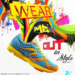 Blue and yellow running shoe angled upward against a vibrant abstract paint splatter background with bold typography