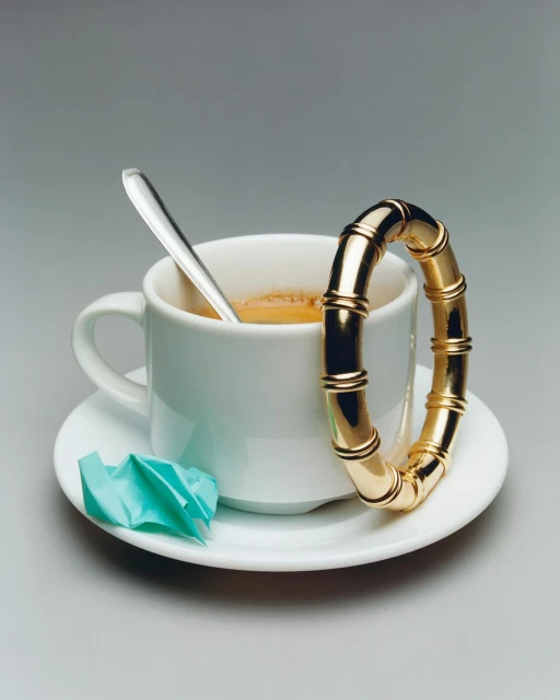 Close-up of gold bangle on white saucer next to coffee cup, metal spoon, and crumpled teal paper against a gray background.