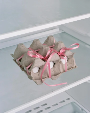 Egg carton with pink ribbon inside a refrigerator. The carton holds a dozen white eggs, displayed in a clean, bright refrigerator setting.