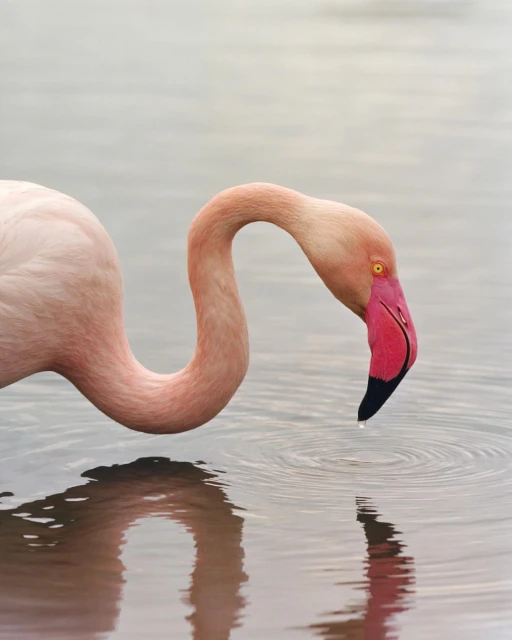Close-up of a pink flamingo with its head bent down, drinking or searching for food in a shallow body of water, creating ripples.