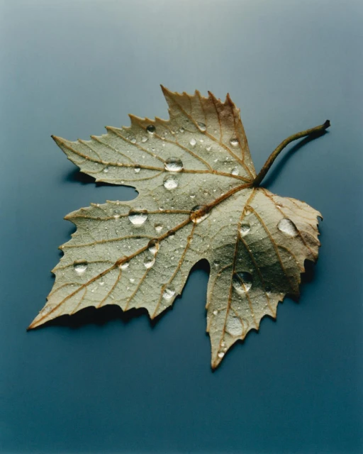 Close-up studio shot of a single translucent green leaf with serrated edges covered in water droplets against a gradient blue background.