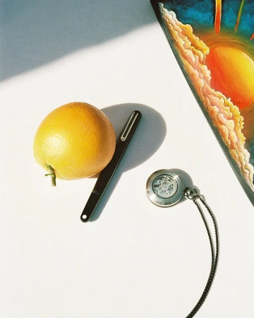 Still life photo featuring a bright orange citrus fruit, a black Montblanc pen, and a silver wristwatch on a white surface with a painting.
