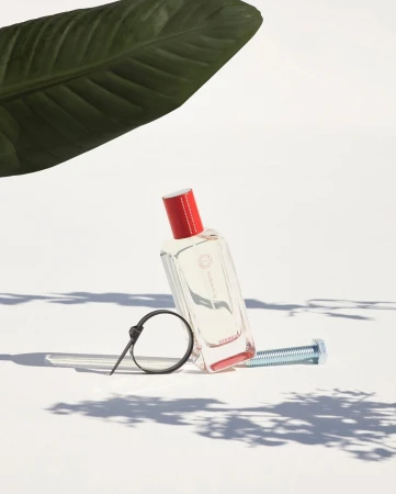 Still life studio shot of an Hermès fragrance bottle, blue bolt, black zip tie, and a green leaf against a white background.