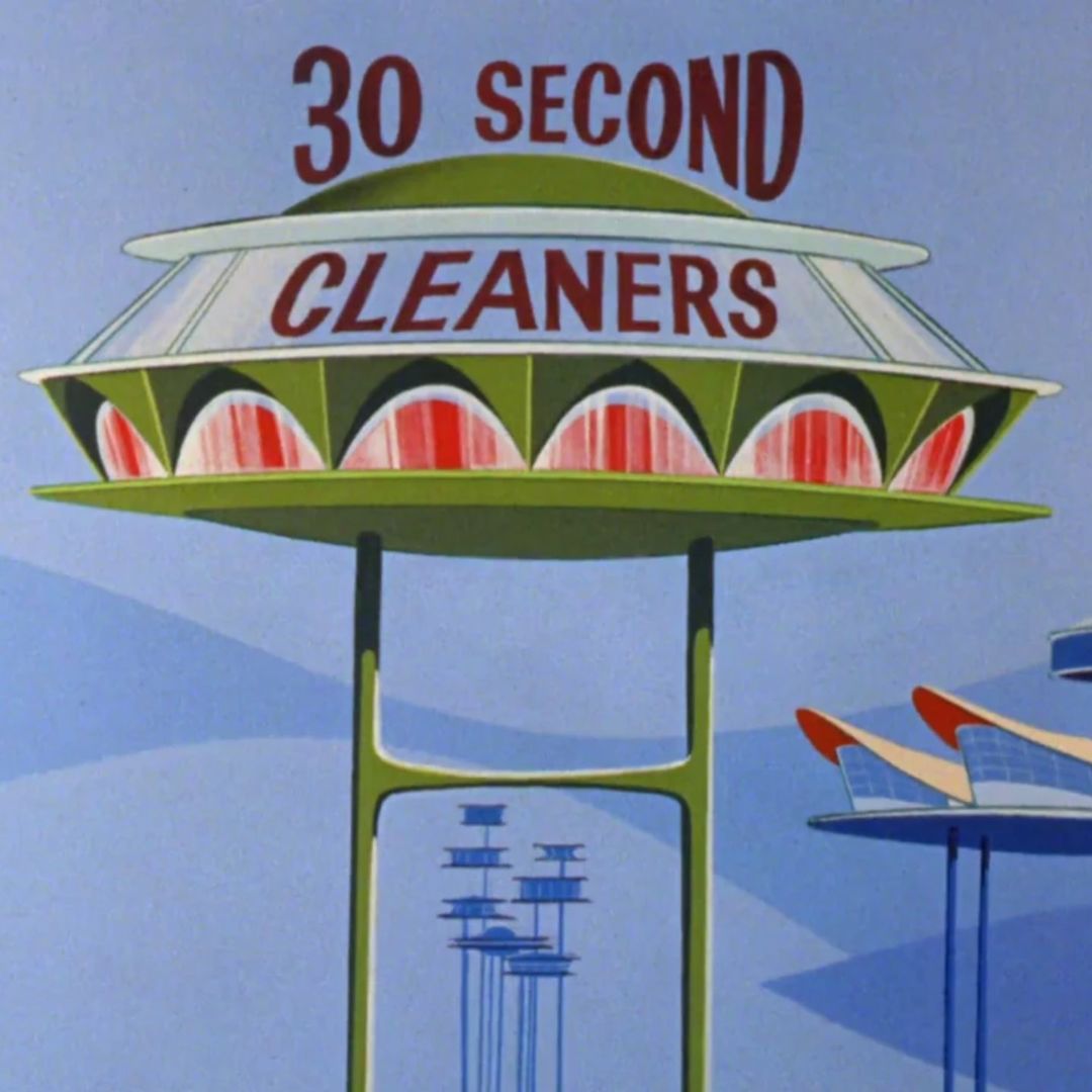 Animated illustration of a futuristic building with text '30 Second Cleaners' against a blue sky, featuring cartoonish architecture.