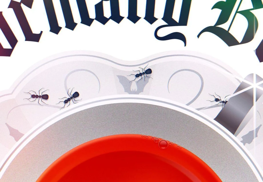 Illustration of ants walking along a silver and white decorative surface with red liquid, featuring vintage-style black lettering above.