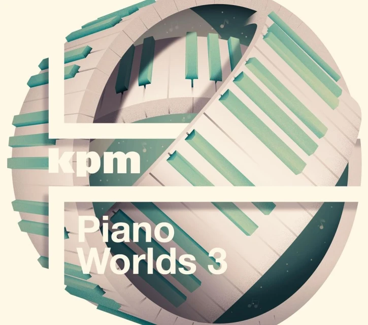 Abstract illustration of stylized piano keys in a spherical shape with overlapping graphic elements and text 'kpm' and 'Piano Worlds 3'.