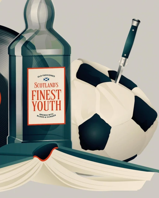 Illustration of a liquor bottle, soccer ball impaled by a knife, and open book in shades of blue, black, white, and beige.