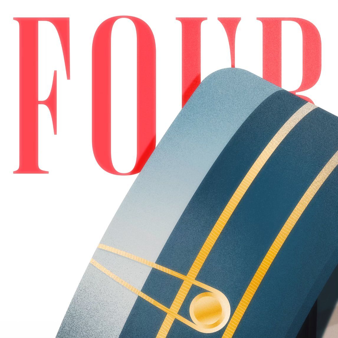 Abstract art featuring the word 'FOUR' in pink with a blue and gold graphic element on a white background.