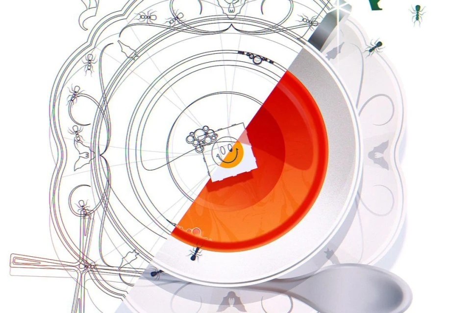 Conceptual art of red liquid in a white dish, featuring ants and a smiley-face note on a white background. Illustration, digital art.