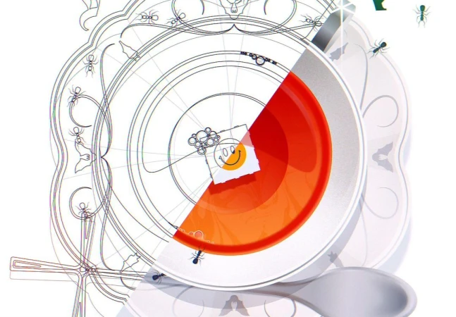 Conceptual art of red liquid in a white dish, featuring ants and a smiley-face note on a white background. Illustration, digital art.