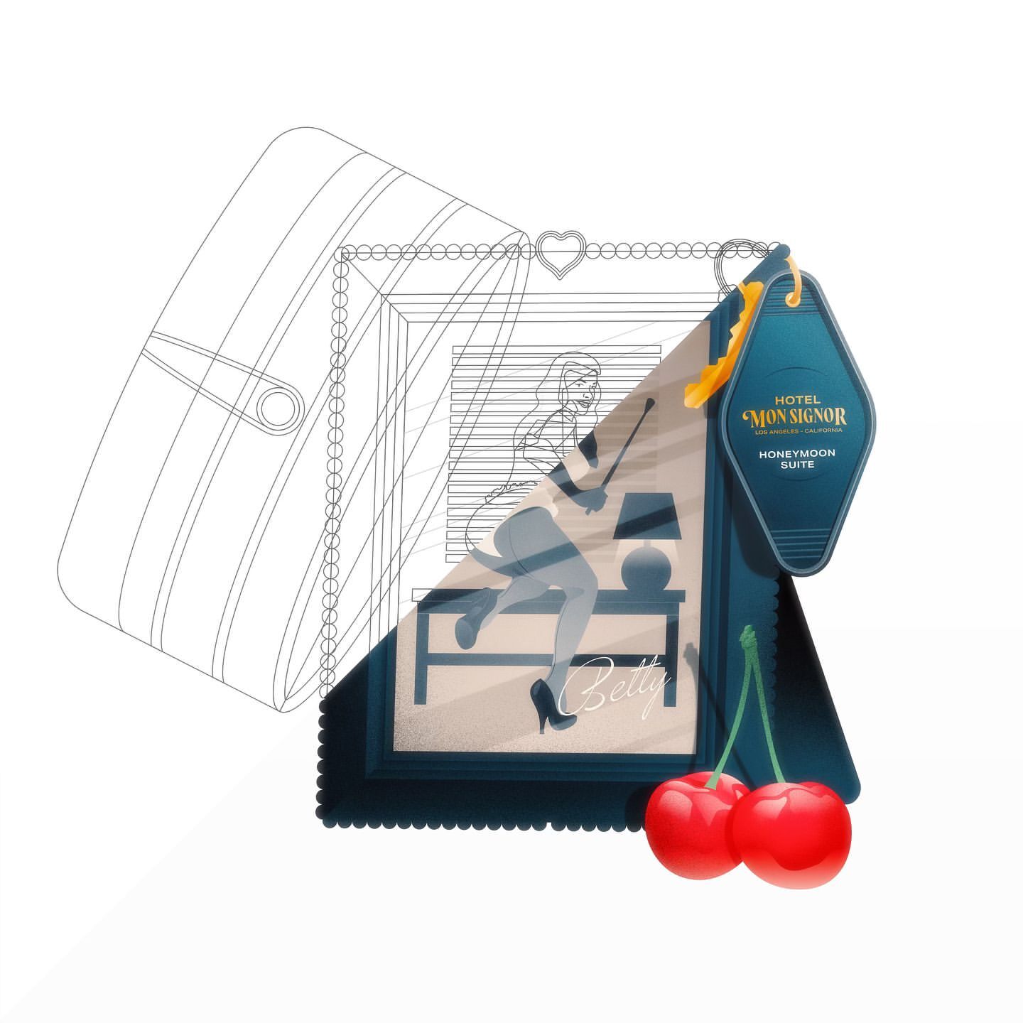 Illustration of a vintage hotel room, rendered as a stylized, conceptual scene with cartoon woman, cherries, and a hotel room key.