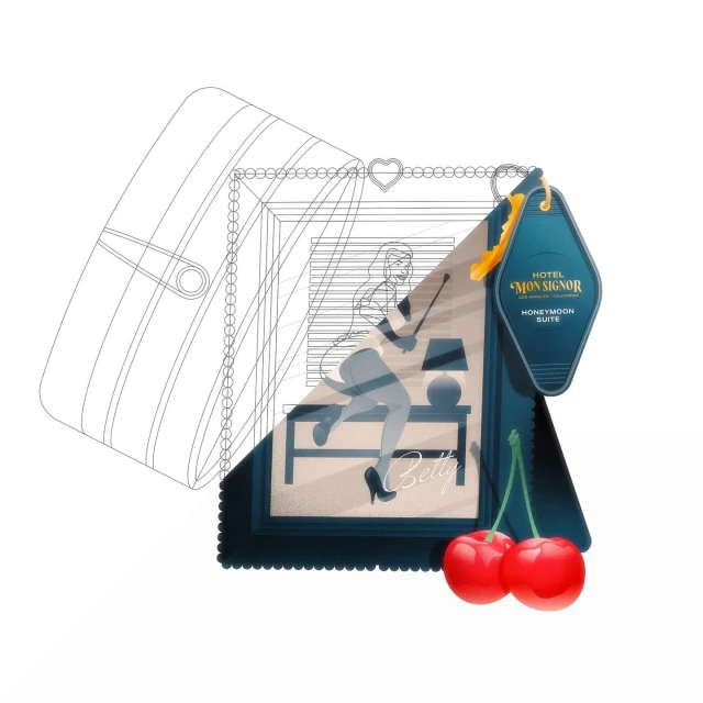 Illustration of a vintage hotel room, rendered as a stylized, conceptual scene with cartoon woman, cherries, and a hotel room key.