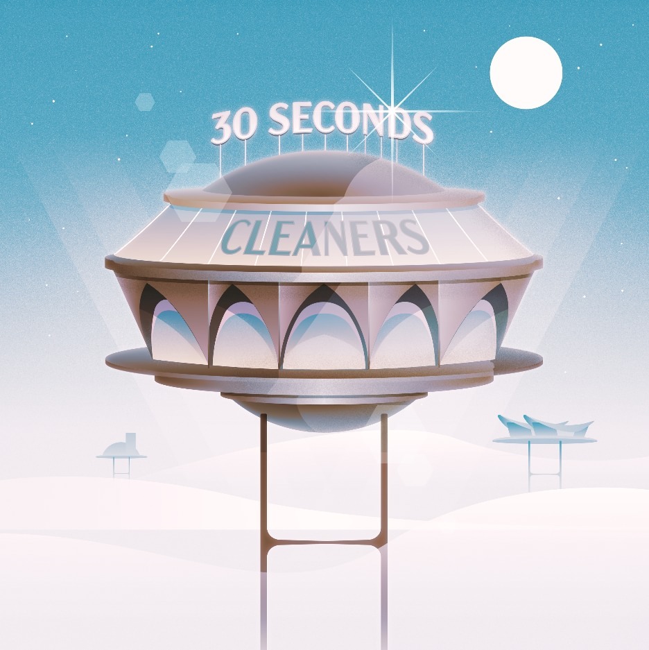 Retro-futuristic illustration of a two-story circular building with a '30 SECONDS CLEANERS' sign against a blue sky and white landscape.