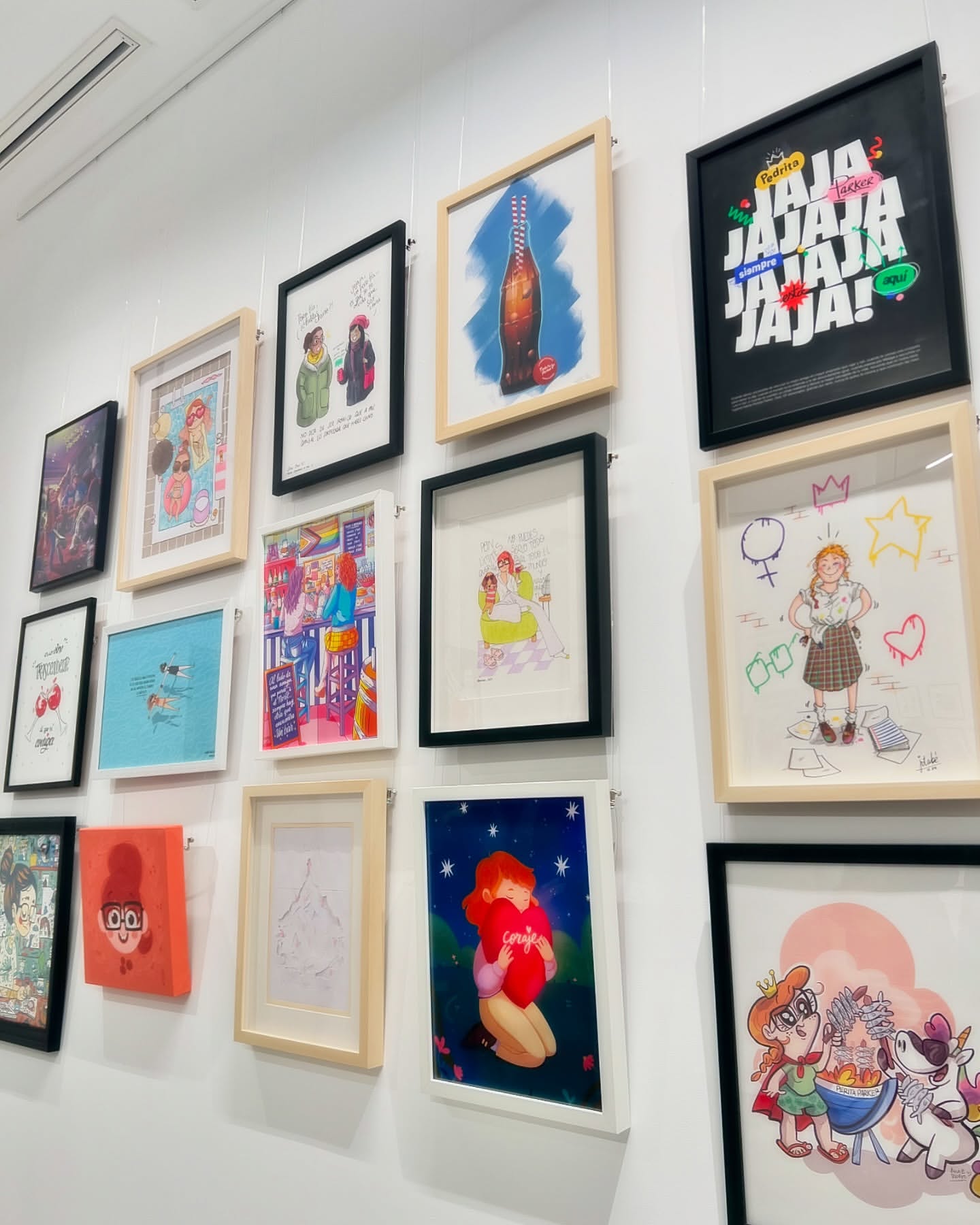 Display of framed art illustrations hanging on a white wall in a gallery, various sizes and styles, creates an engaging visual display.