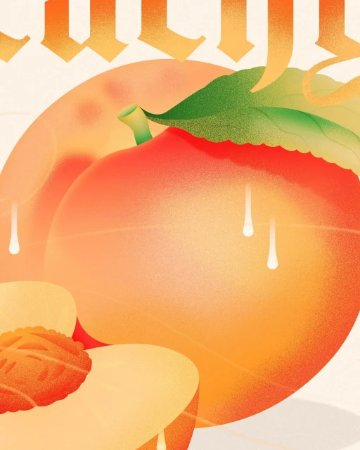 Illustration of whole and sliced peaches, featuring an orange and yellow color scheme with illustrated water droplets and text overlay.