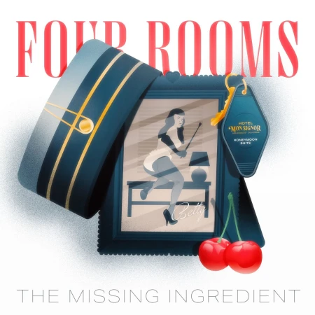Illustration with a hotel bellhop hat, framed photo of a maid, hotel key, and cherries on a white background with text.