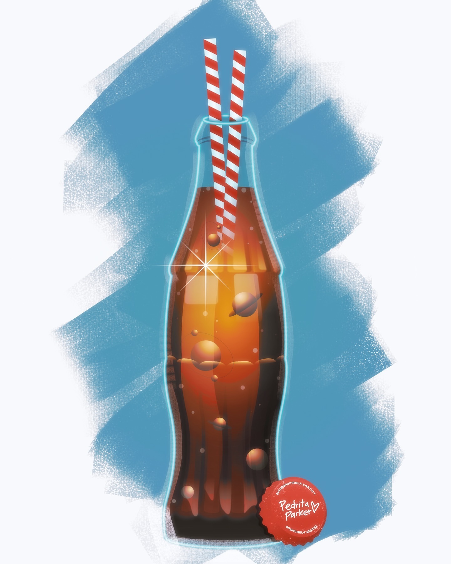 Illustration of a glass bottle with a beverage and striped straws on a blue background, accompanied by a matching bottle cap.