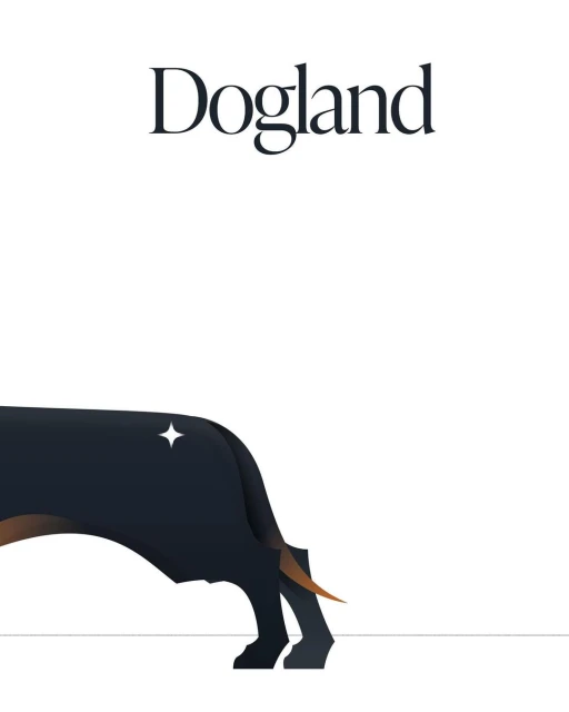 Vector illustration of a dog silhouette with the text "Dogland" above, set against a clean white background and a minimalistic aesthetic.