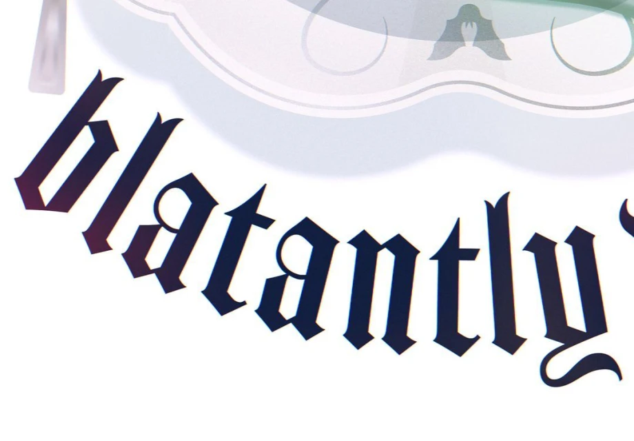 Close-up of 'Blatantly' text in Gothic font with purple and blue gradient, set against a soft white backdrop with faint label imagery.