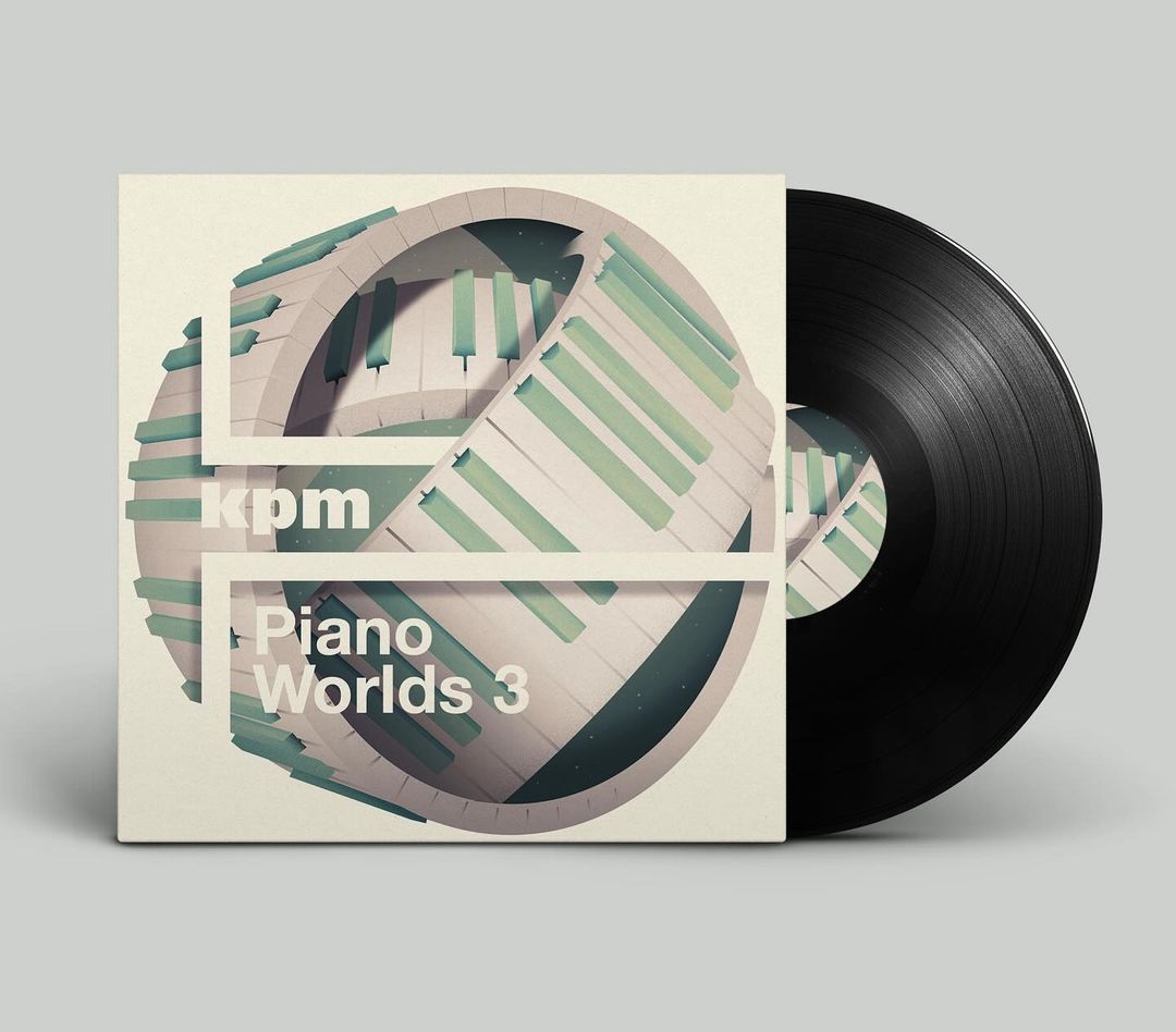 Album cover featuring graphic piano keys encircling a sphere, alongside a black vinyl record against a light gray background.