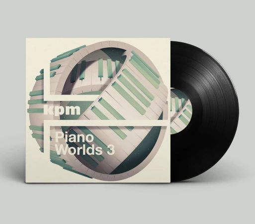 Album cover featuring graphic piano keys encircling a sphere, alongside a black vinyl record against a light gray background.