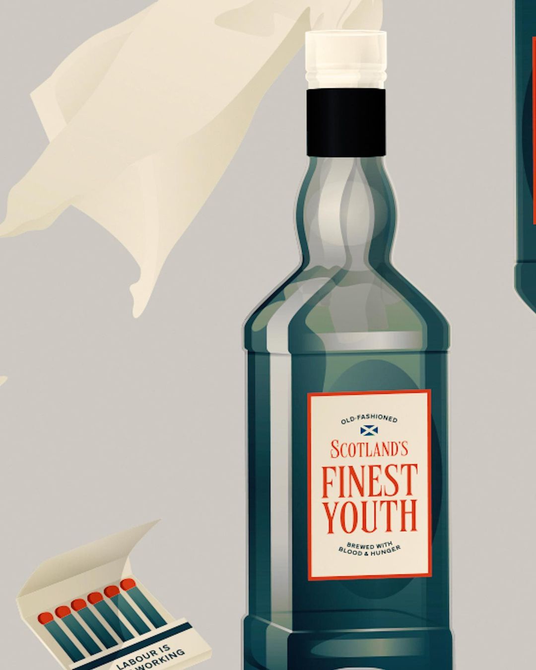Illustration of a vintage-style bottle with a label featuring stylized text and imagery, accompanied by a box of matches.