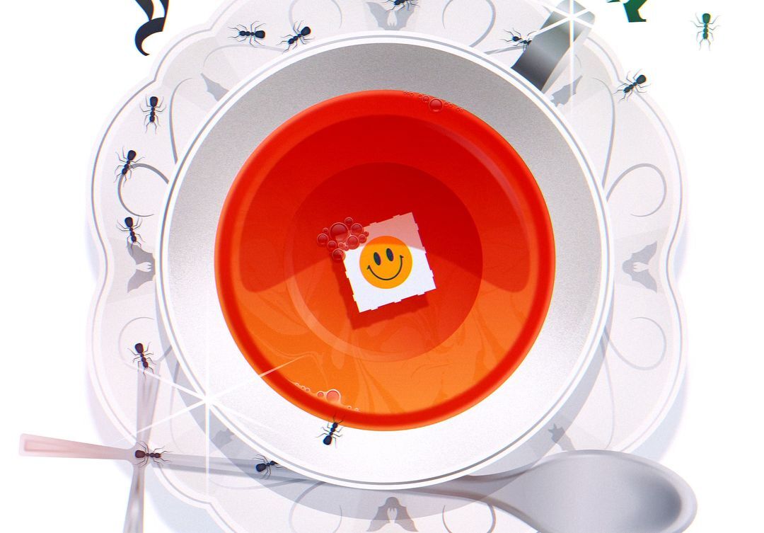 Illustration of an orange liquid in a white bowl with a smiley face paper, ants on the saucer and spoon on a white background.