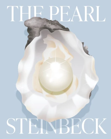 Illustration of a pearl inside an oyster shell, with the text "The Pearl" and "Steinbeck" above and below, set against a light blue backdrop.