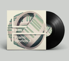 Square album artwork featuring a circular architectural piano key structure alongside a black vinyl record on a grey background