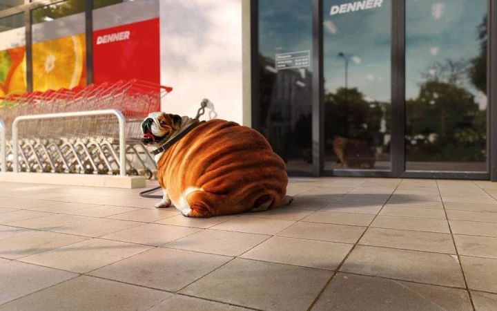 A large, overweight bulldog sits on a tiled surface in front of a store entrance, with shopping carts and reflections in the glass doors.