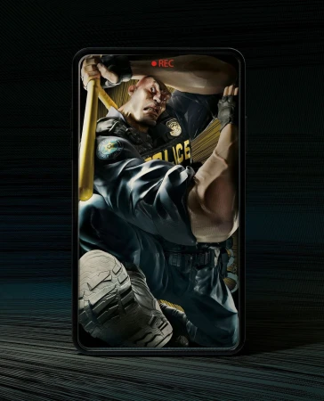 Illustration of a police officer in uniform holding a baton, set against a black background and displayed on a modern smartphone screen.