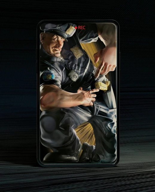 Illustration of an adult male dressed as a police officer on a smartphone screen, with a dark background and a 'REC' overlay.
