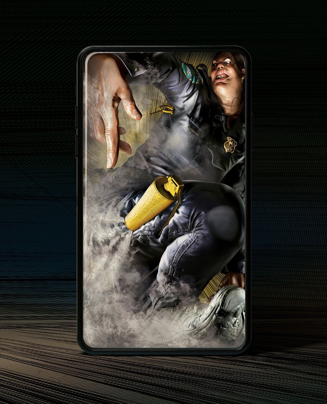 Illustration of a woman in uniform emerging from a cell phone screen, with fog and a canister, against a dark background.