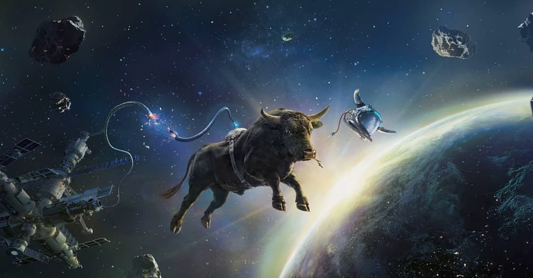Surreal digital art: A bull in space with an earth background, connected to a spaceship and a space station.